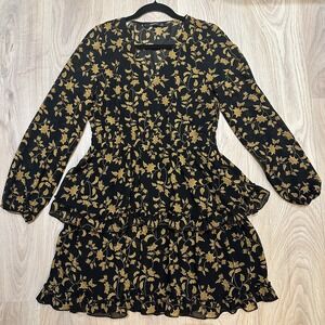 Women's V-Neck‎ Tiered Floral Long Sleeve Dress Size L. Fairy Boho Fall Holiday